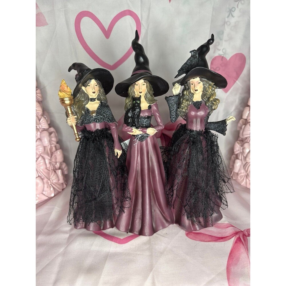 Eerie Charm Halloween 3 Pretty Witches in Purple Dresses w Black Cat